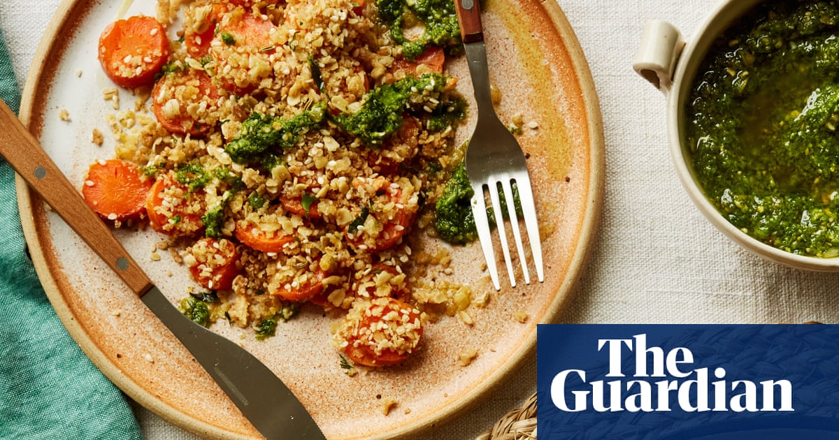 Carrot crumble and sprouting broccoli with almond butter: Chantelle Nicholson’s vegetable recipes for Easter