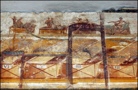 A wall of frescoes depicting erotic acts at Pompeii.