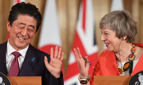 Theresa May with Japanese prime minister Shinzo Abe holding their press conference in 10 Downing Street.