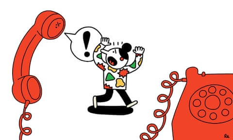 An illustration of a big red old fashioned telephone with a curly wire leading to the receiver, an exclamation mark in a speech bubble coming out of the ear end and a small cartoon figure running away from it scared
