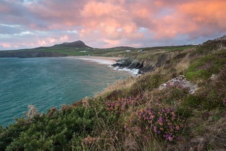 A bay surrounded by hills covered in heather and with pink clouds above