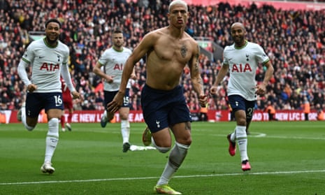Richarlison (centre) celebrates after scoring Tottenham’s third goal during the Premier League match between Liverpool and Tottenham at Anfield on April 30, 2023.