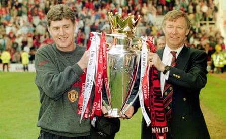 Sir Alex Ferguson and his assistant Brian Kidd celebrating winning the 1996 Premier League title having gone to Middlesbrough and got something