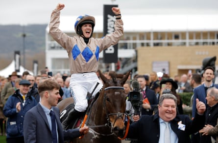 Rachael Blackmore celebrates her win on Captain Guinness in the Champion Chase at the Cheltenham Festival.
