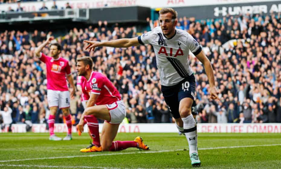 Harry Kane celebrates scoring the first goal for Spurs.