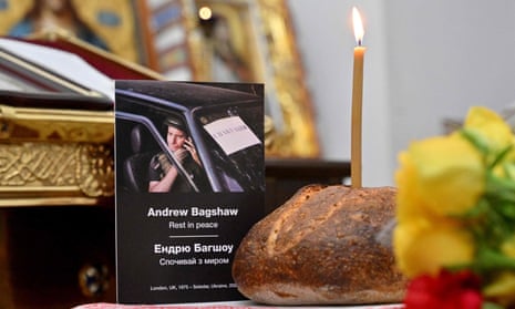 A memorial for Andrew Bagshaw, 47, a British voluntary worker who was killed in Donetsk region, during a memorial service in Refectory Church of St Sophia monastery in Kyiv