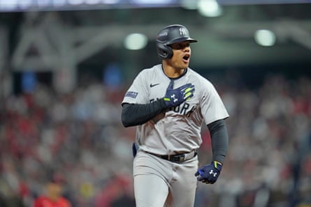 The Yankees’ Juan Soto celebrates after hitting a three-run home run against the Guardians during the 10th inning of Saturday night’s Game 5 of the ALCS.