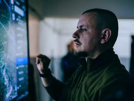 Vasyl Koryak, a police lieutenant colonel and deputy commander of the Khyzhak Brigade, at a command point in the Donetsk region.
