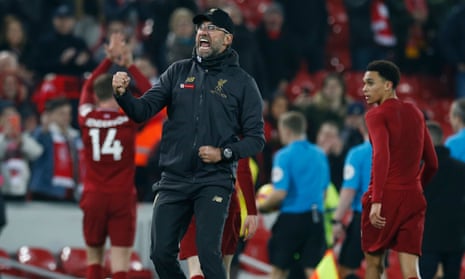 2019 EPL Premier League Football Liverpool v Watford Feb 27th<br>27th February 2019, Anfield, Liverpool, England; EPL Premier League football, Liverpool versus Watford;  Liverpool manager Jurgen Klopp acknowledges the Kop faithful after his side won 5-0 to hold their place at the top of the table (photo by Alan Martin/Action Plus via Getty Images)