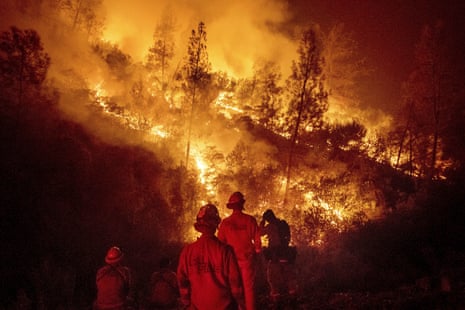 Four firefighters watch a nighttime inferno consume part of a forest.