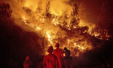 Four firefighters watch a nighttime inferno consume part of a forest.