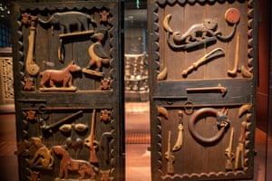 Wood and metal doors from King Glélé’s palace in Abomey, decorated with motifs