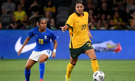 Sam Kerr of the Matildas competes for possession with Katrine of Brazil during the International friendly soccer match between Australia and Brazil at Commbank Stadium in Sydney, Saturday, October 23, 2021.