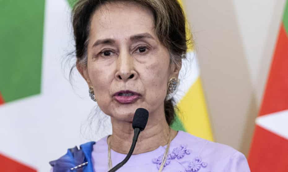 Myanmar’s State Counselor Aung San Suu Kyi speaks during a joint press conference in Hungary.
