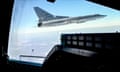 A view of a Tu-22M3 bomber of the Russian air force seen from the cockpit of another such plane