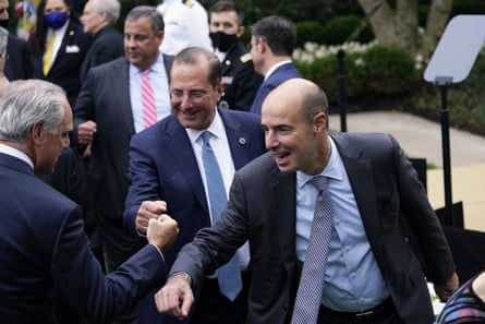 Eugene Scalia, at right, greets people after Donald Trump announced Judge Amy Coney Barrett as his nominee to the supreme court in September.
