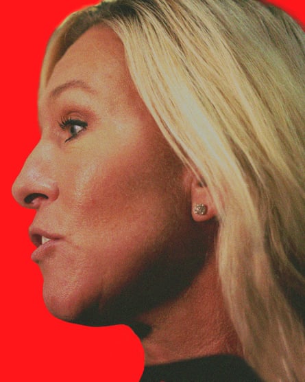 A profile of Marjorie Taylor Greene against a red backdrop