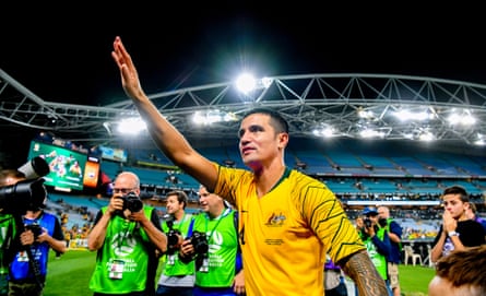 Tim Cahill greets fans after the game.