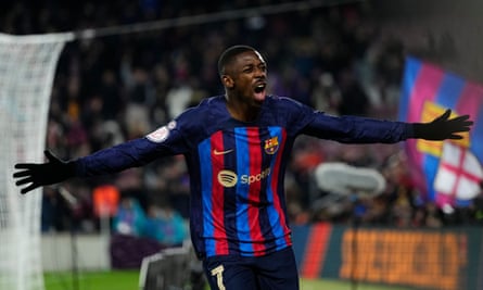 European roundup: Dortmund edge past Mainz while Barça march on in cup | European club football 2 Ousmane Dembélé celebrates scoring Barcelona’s winner against Real Sociedad in the Copa del Rey