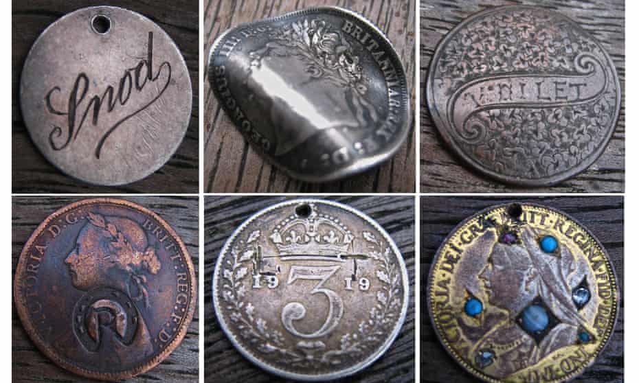 Love tokens from mudlark Steve Brooker’s collection. Note the bent coin top middle, and the spelling of ‘Voilet top right’. 