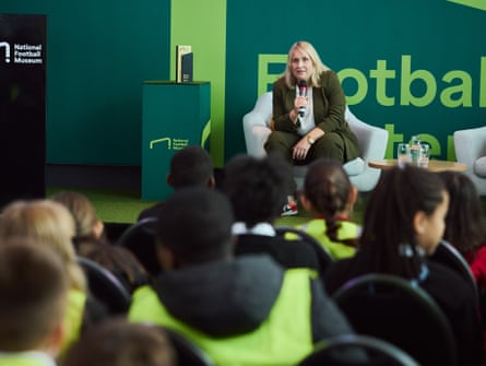 Emma Hayes answers questions from schoolchildren at the National Football Museum