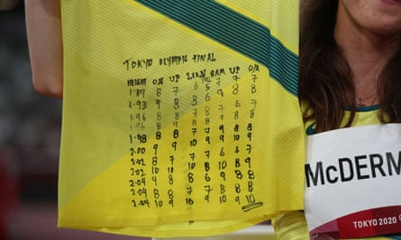 Nicola McDermott displays her notes from the high jump final