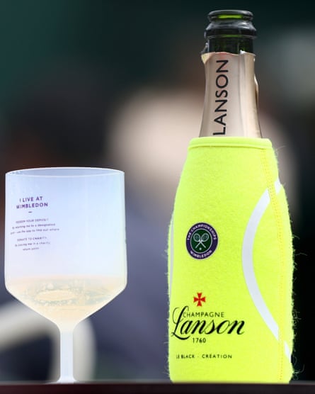 A half bottle of Lanson champagne wrapped in Wimbledon themed cover on the first day of Wimbledon 2024.