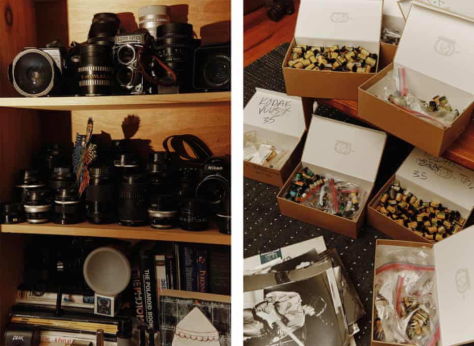 Left: Cameras and camera lenses on shelves Right: Rolls of film in cardboard boxes