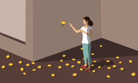 Illustration of a woman surrounded by Post-its on the floor, sticking one on the wall in front of her