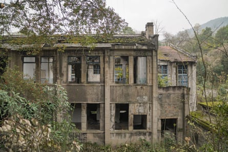 abandoned, ruined buildings overgrown with plants and missing glass in the windows