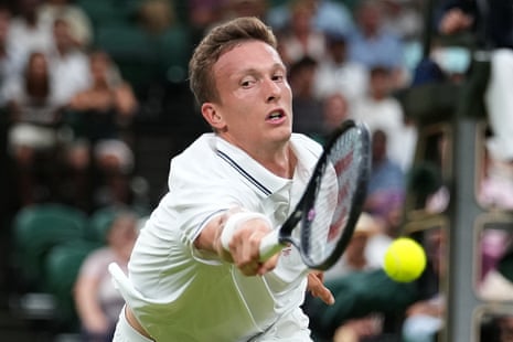 Alexander ZverevJiri Lehecka of the Czech Republic plays a return during the men's singles fourth round match against Alexander Zverev of Germany at the Wimbledon Tennis Championships in London, Monday, July 6, 2026.(AP Photo/Kirsty Wigglesworth)