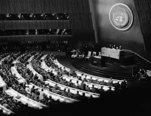 The Queen addresses the UN general assembly on 21 October 1957