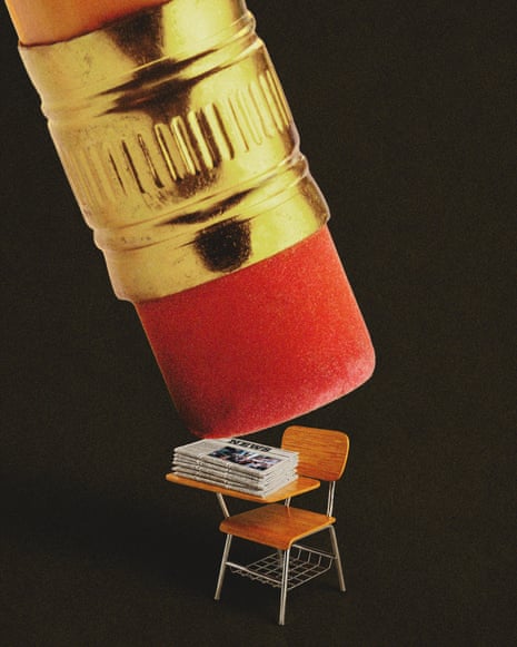 A giant pencil eraser hovers over a school desk covered with newspapers