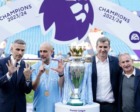Khaldoon al-Mubarak, Pep Guardiola, Ferran Soriano and Txiki Begiristain with the 2023-24 Premier League trophy.