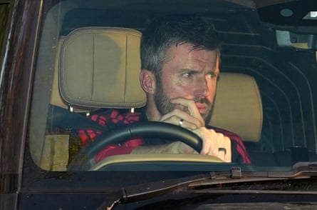 Michael Carrick arriving at Manchester UnitedâÂÂs training ground in his car on Tuesday.