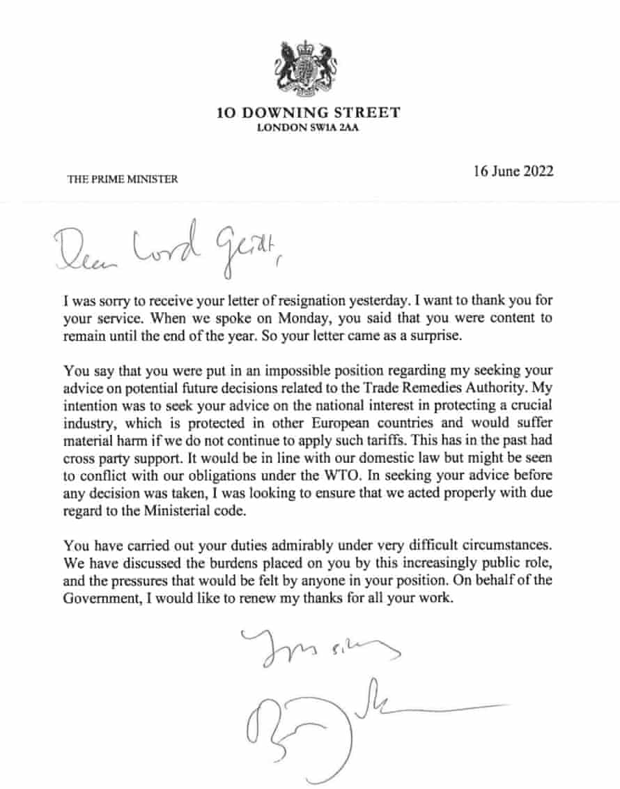 PM’s reply to Lord Geidt