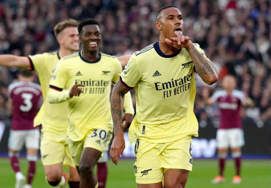 Arsenal's Gabriel celebrates scoring.
