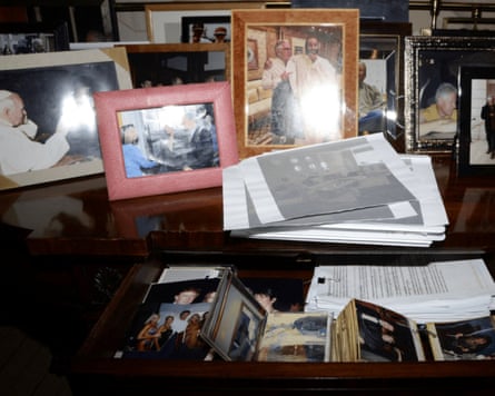 Framed photos and documents