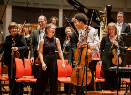 Conductor Mirga Gražinytė-Tyla and cellist Sheku Kanneh-Mason with the CBSO at Symphony Hall, Birmingham.