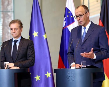 German chancellor Merz and Slovenia’s prime minister Golob attend a press conference at the Chancellery in Berlin.