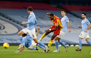 West Bromwich Albion’s Semi Ajayi takes a shot which deflects off Ruben Dias and wrong-foots Ederson.