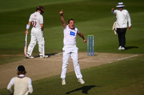 Josh Davey of Somerset celebrates the wicket of Josh Cobb at Taunton on day four.