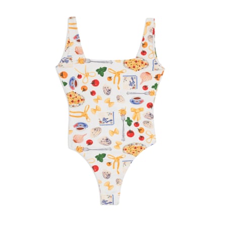 A Ookioh Lisbon One Piece white, with a print of food and vegetable/