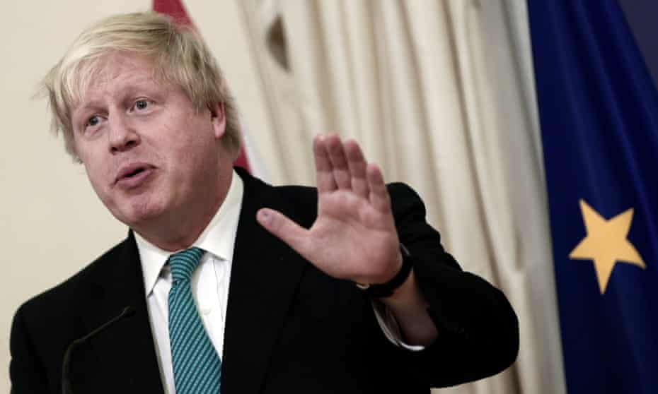Boris Johnson answers a question during a joint press conference with the Greek foreign minister.