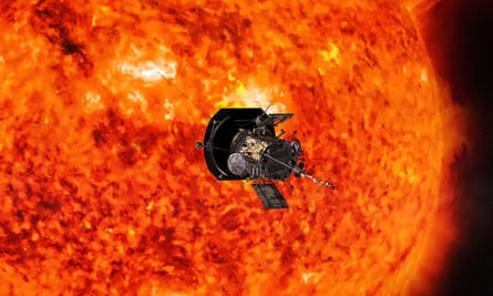 an artists rendering of the parker solar probe in operation around the sun