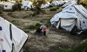 A boy at an unofficial camp on the Greek island of Lesbos.
