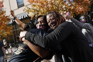 People celebrate in Philadelphia on 7 November.