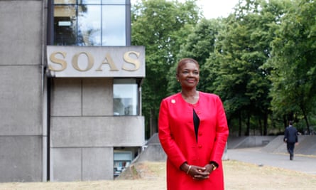 Valerie Amos in front of Soas sign