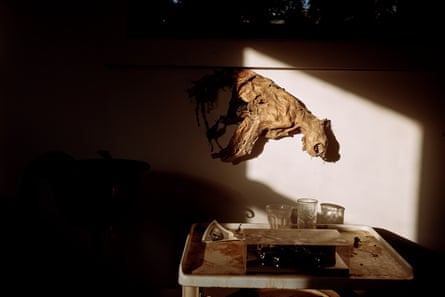 A mummified creature hangs on the studio wall.