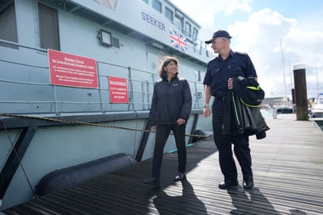 Migration minister Seema Malhotra boards Border Force cutter 'Seeker' during a visit to the Border Force's maritime command and Home Office intelligence in Portsmouth, Hampshire, on Thursday.